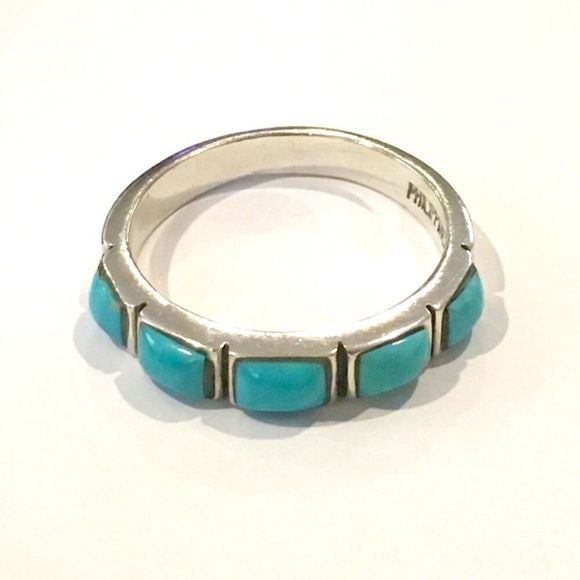 Sterling Silver Turquoise Cabochon Inlay Band Ring Sz 8 - Picture 2 of 7
